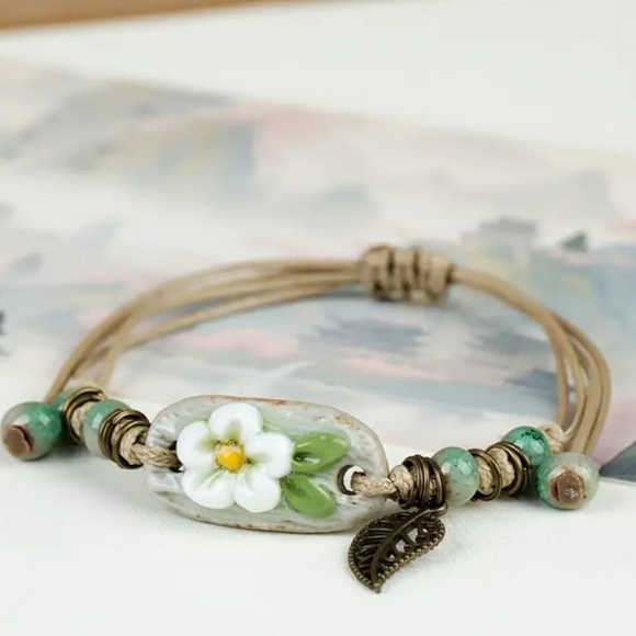 Jewelry - Floral Bohemian Bracelet with Leaf Accent